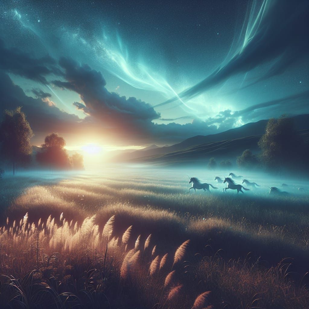 Unicorns Galloping Through Twilight Meadow: Digital Matte Pa...