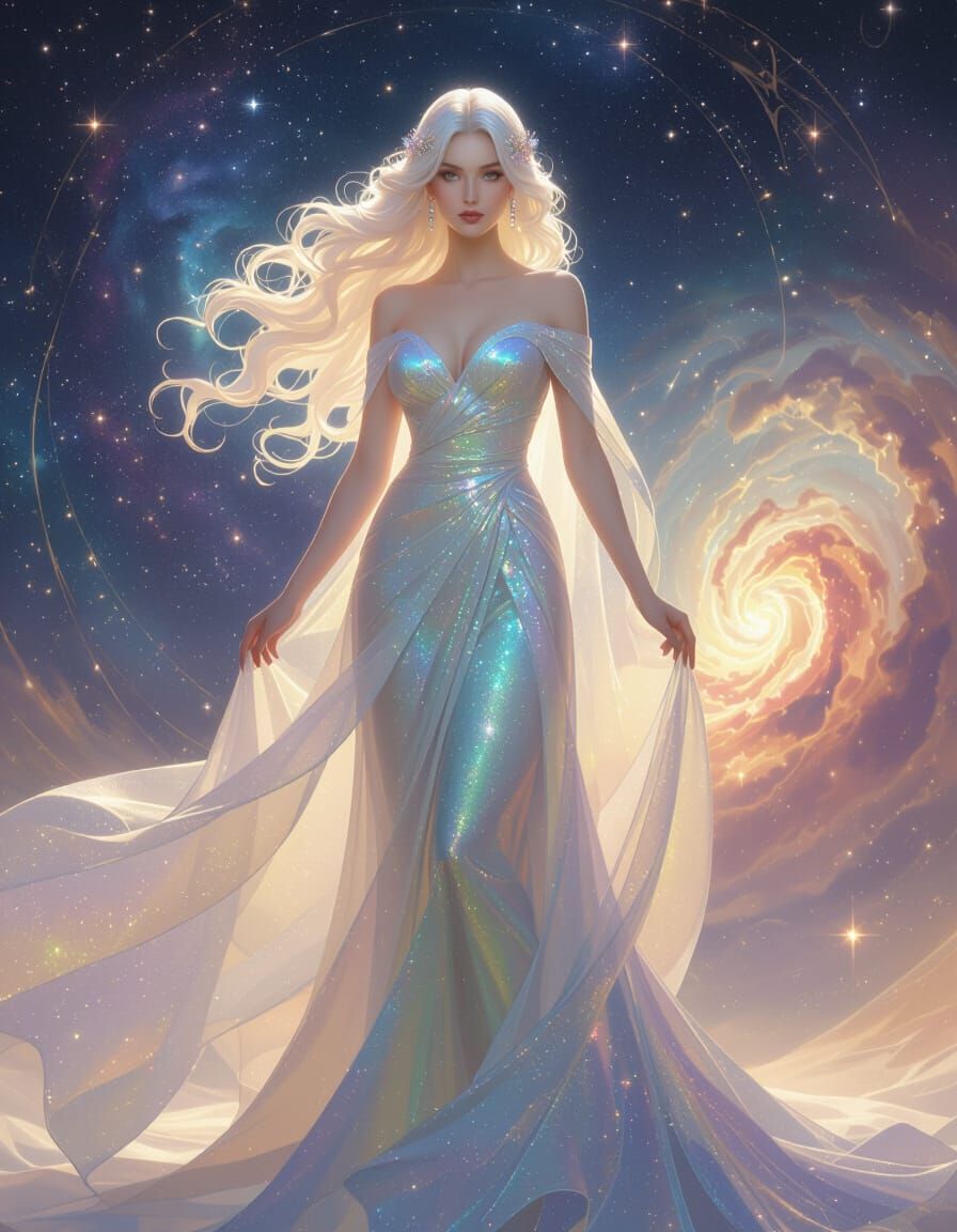 Ethereal Celestial Woman in Nebula Gown