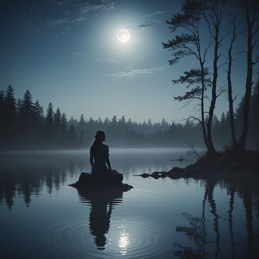 Moonlit Silhouette: Mystical Figure at Serene Lake