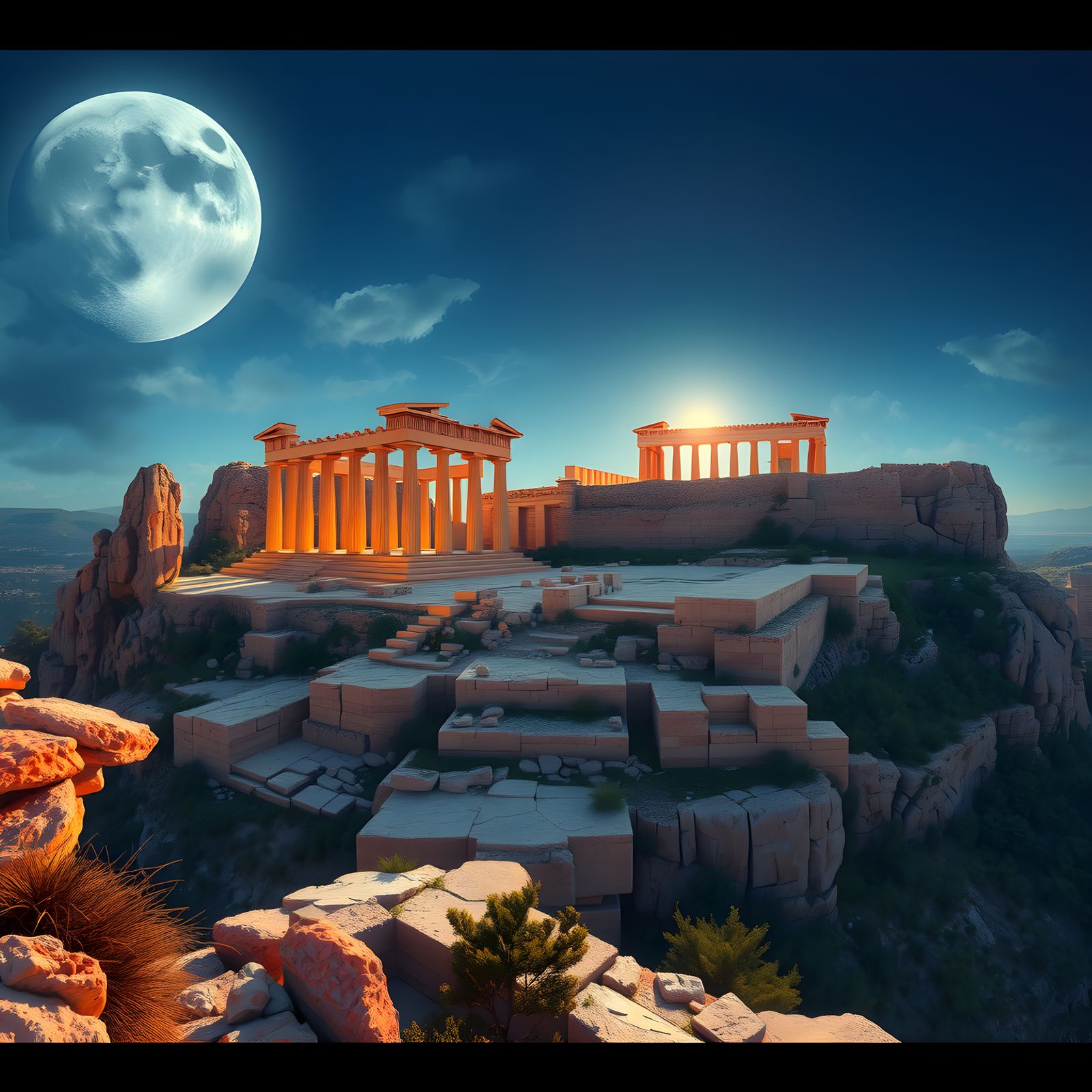 Moonlit Acropolis: Detailed Matte Painting in 8k