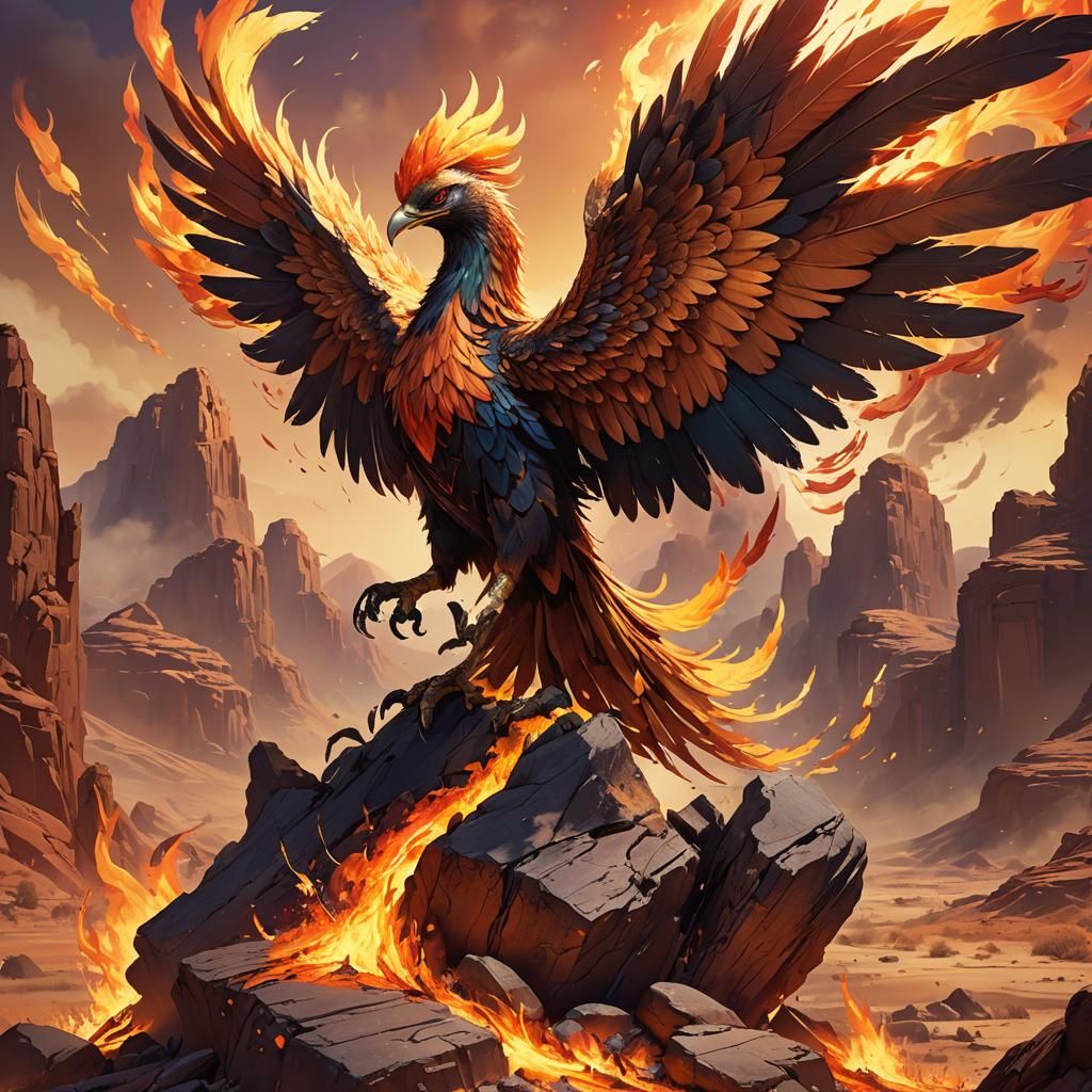 Phoenix Rising from Ashes in Fiery Desert Landscape