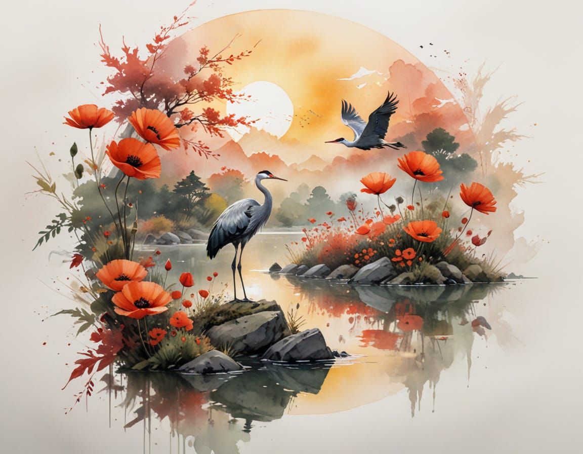 Crimson Sun Over Autumn Lake with Crane and Pagoda
