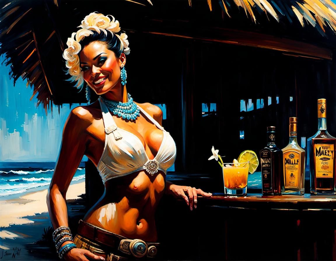 Tiki Bartender on Sunny Beach as Oil Painting