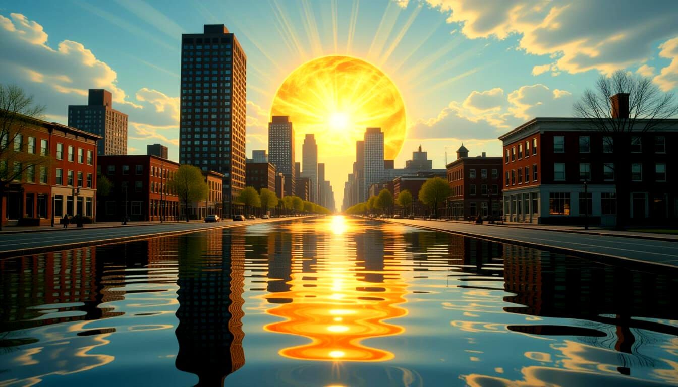 Surreal Spring Cityscape with Water Ripples and Sun Flares