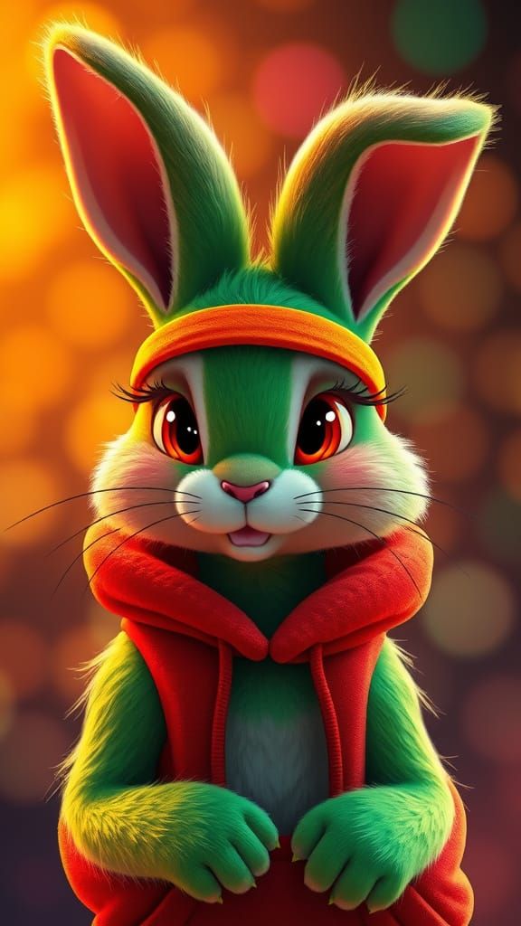 Cyberpunk Rabbit in Vibrant Orange Headband and Crimson Hood...