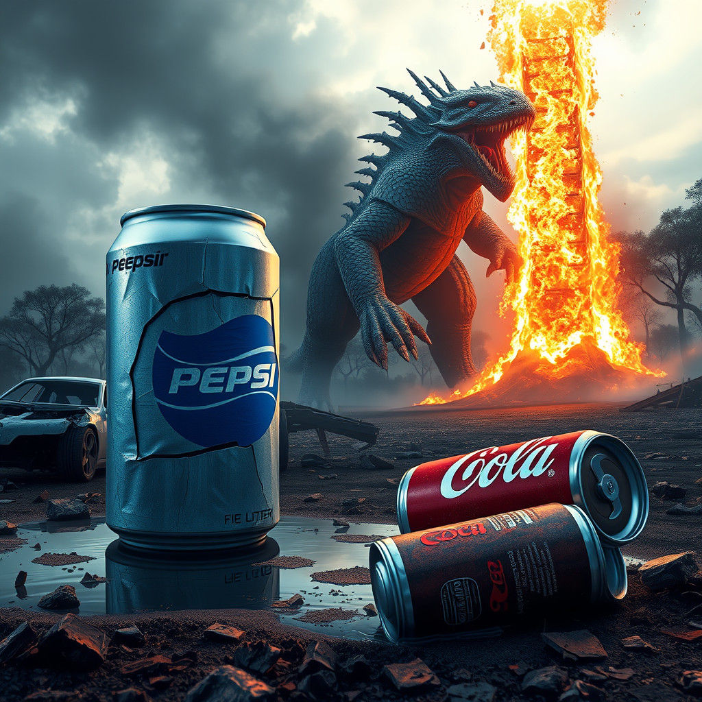Pepsi Can Confronts Monster in Apocalyptic Landscape