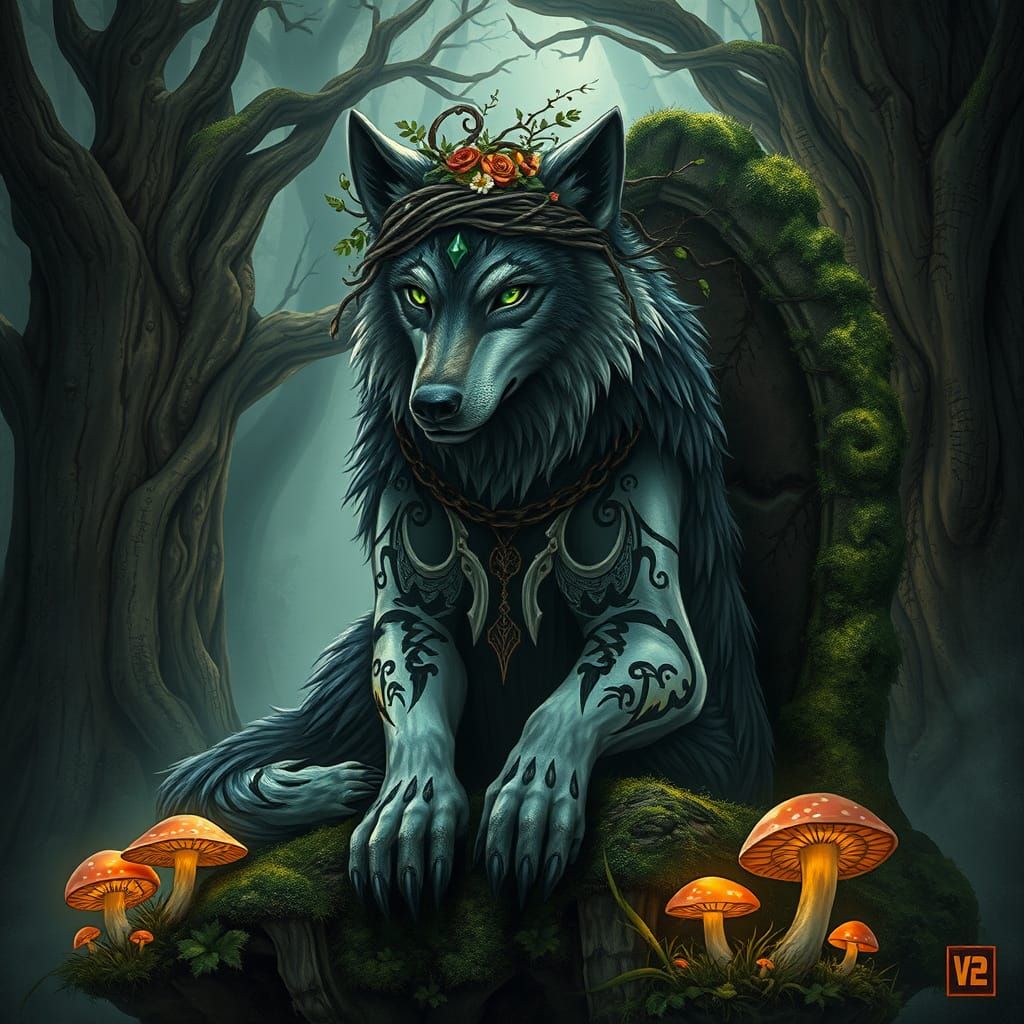 Dire Wolf King on Forest Throne, Fantasy Art