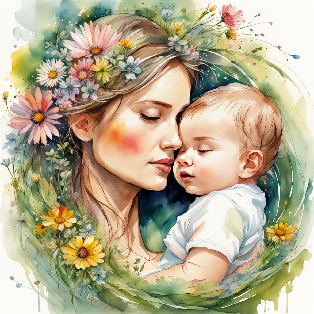 Watercolor Mother and Child in Floral Embrace