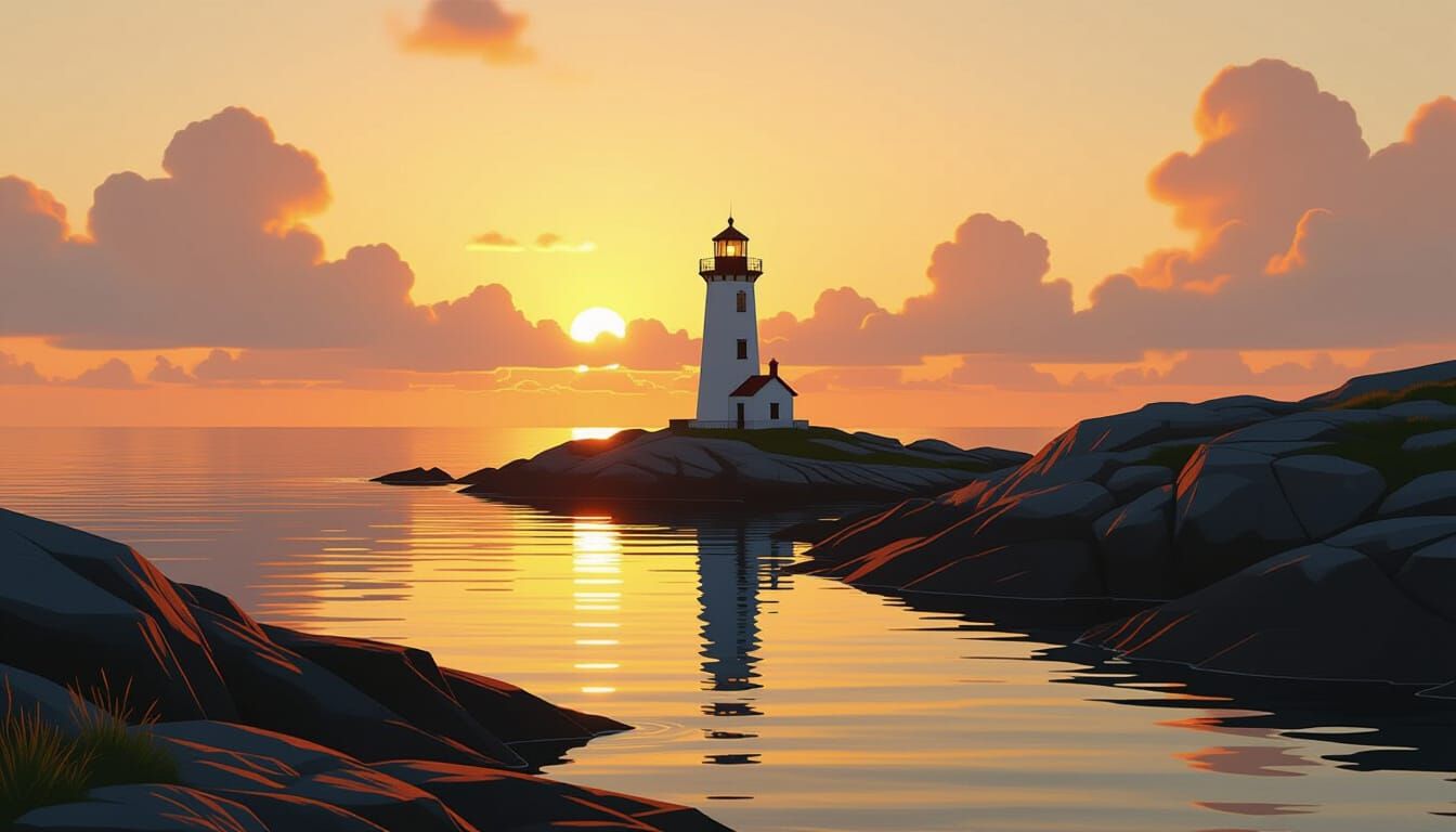 Golden Hour Lighthouse on Rocky Coast, Cinematic Style
