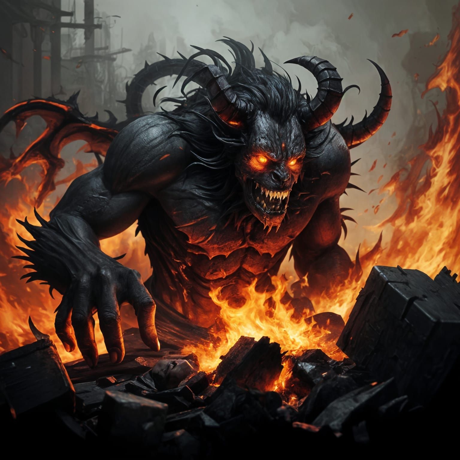 Sinister Demon with Fangs in Fiery Destruction
