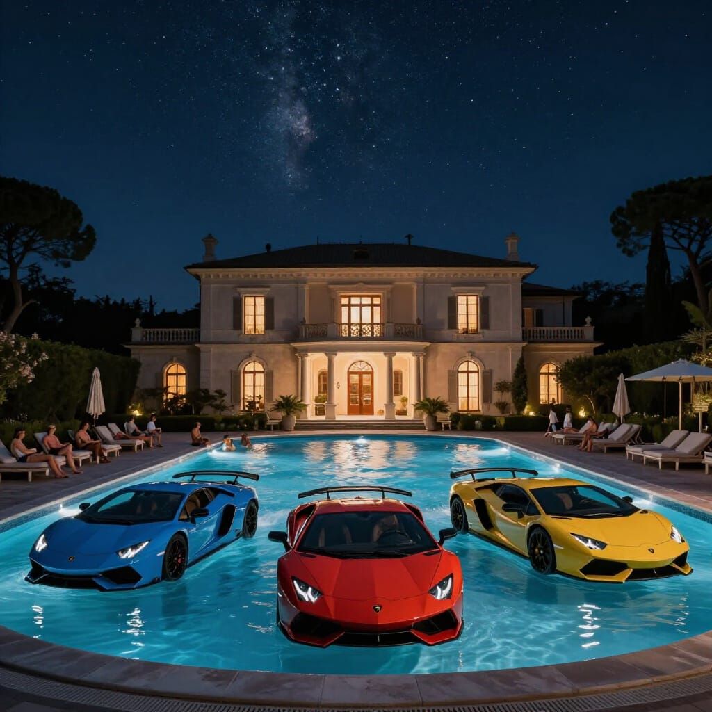 Luxury Villa Pool Party with Lamborghinis Under Starry Night