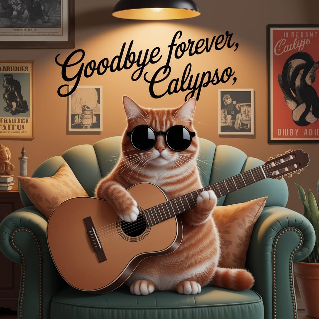 Whimsical Cat Guitarist in Vintage Living Room