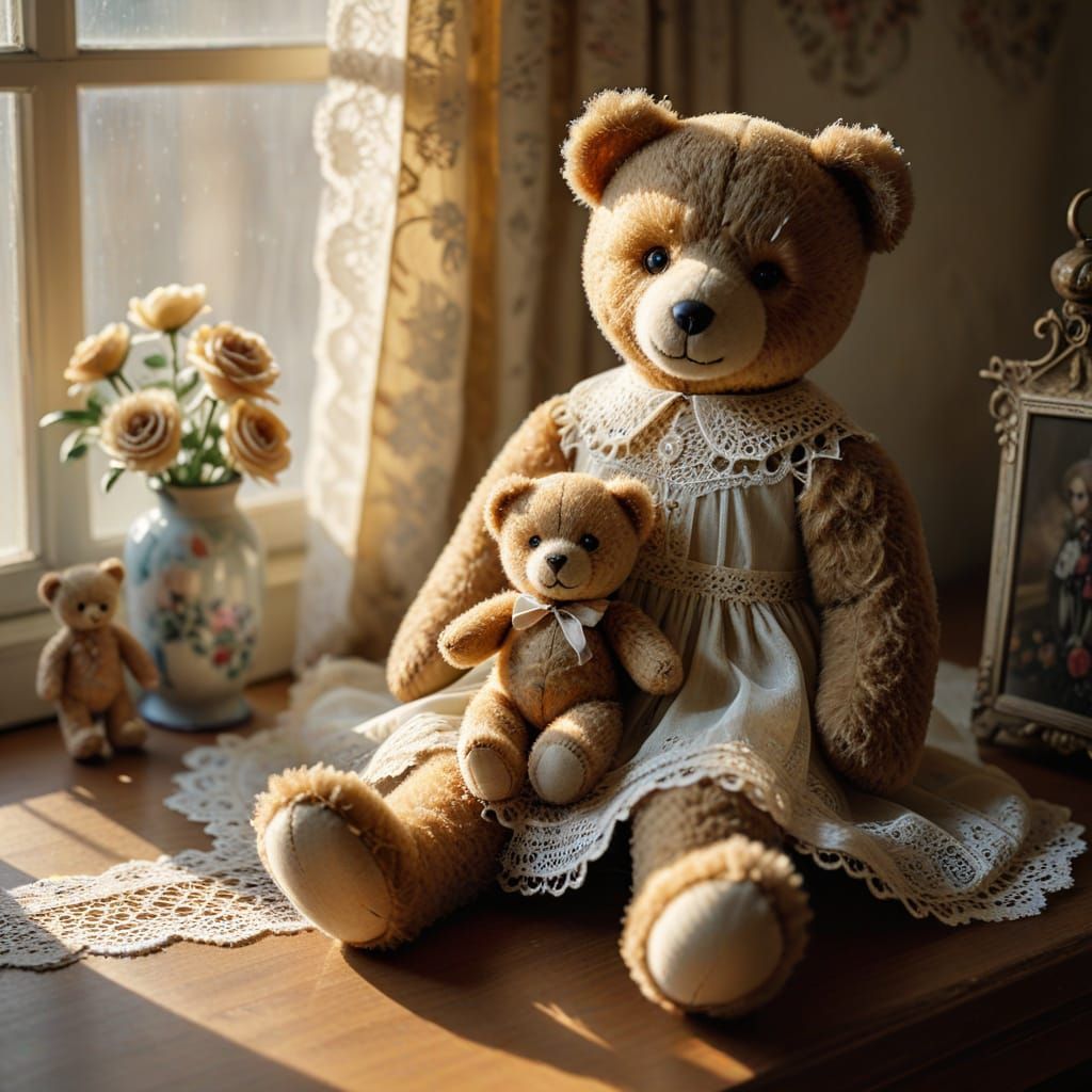 Vintage Teddy Bear and Doll Still Life in Warm, Golden Light