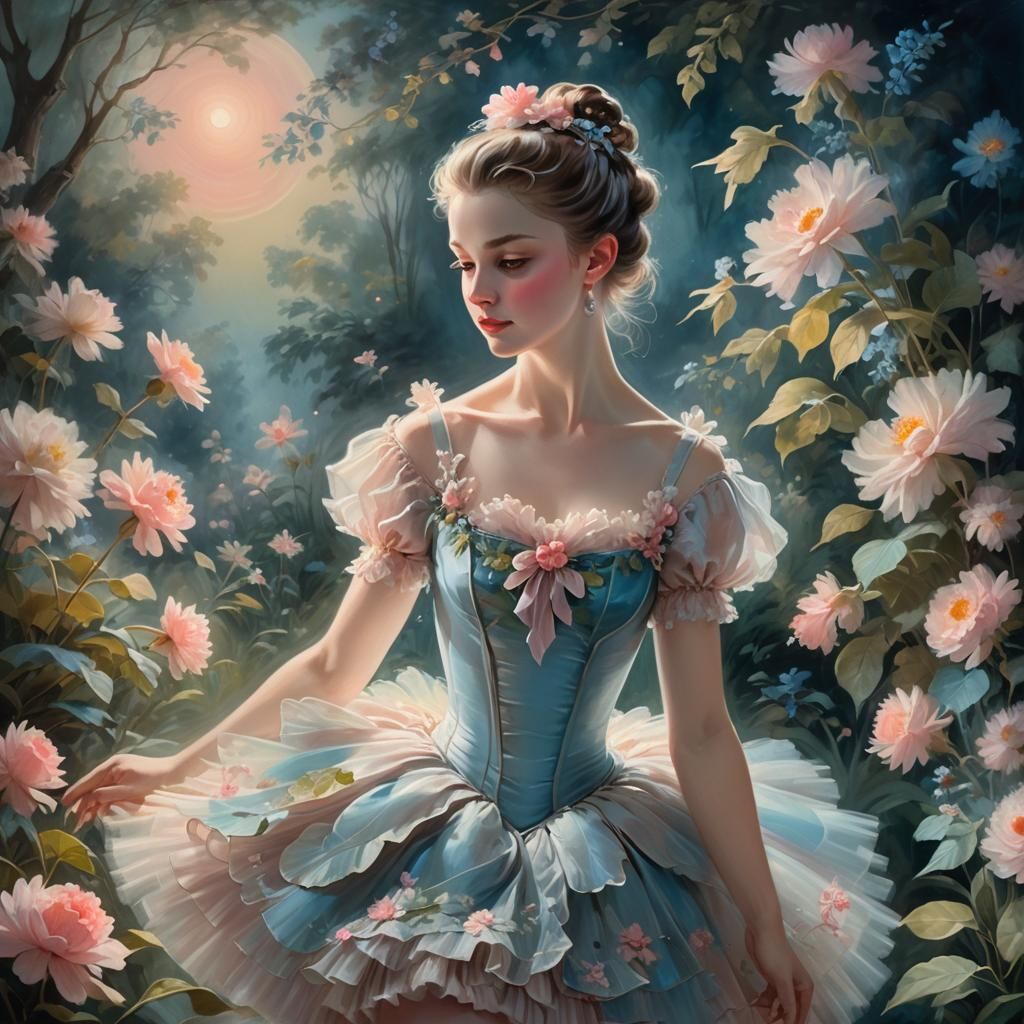 Rococo Ballerina in Moonlit Garden