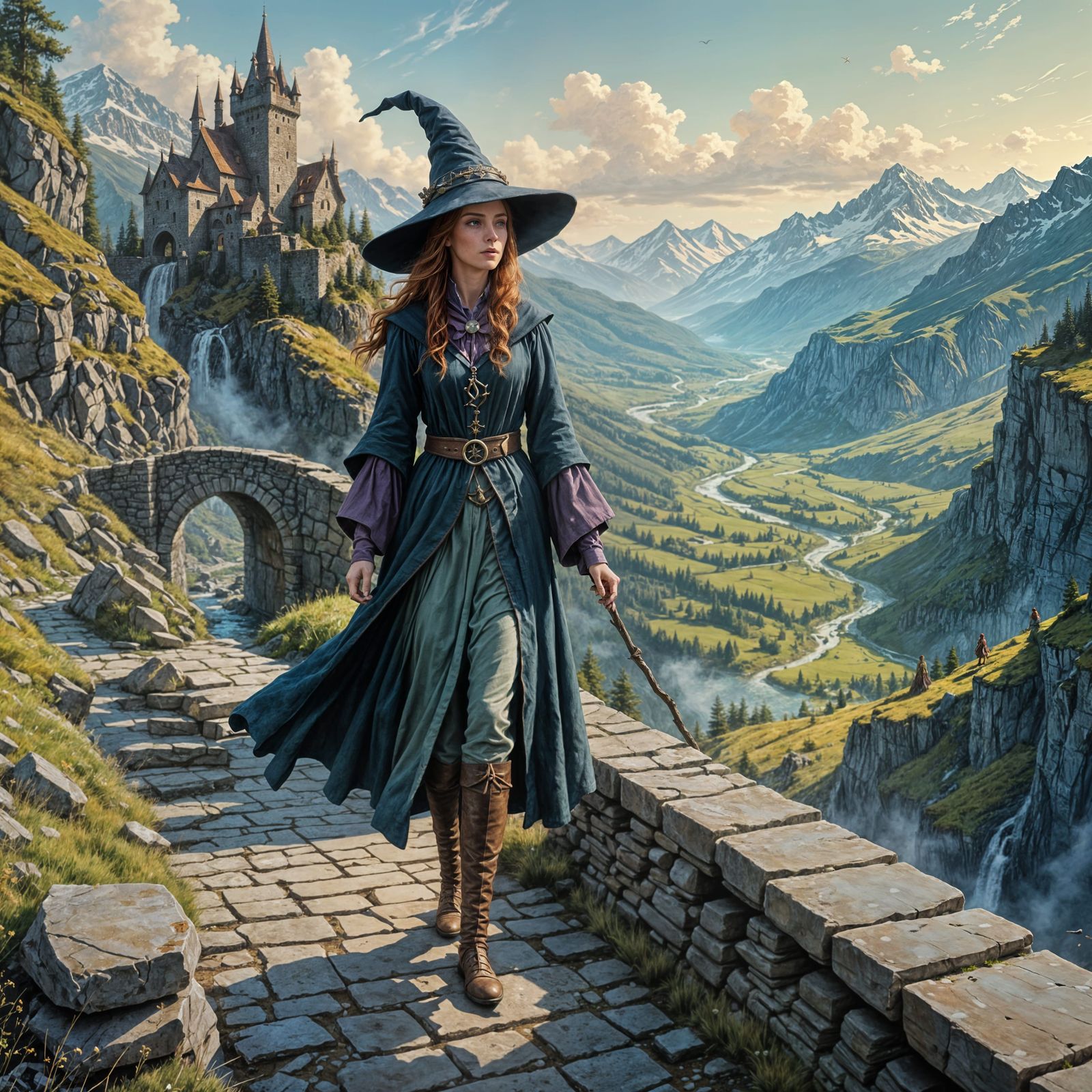 Ginger Wizard on Crumbling Bridge in Dark Fantasy Landscape