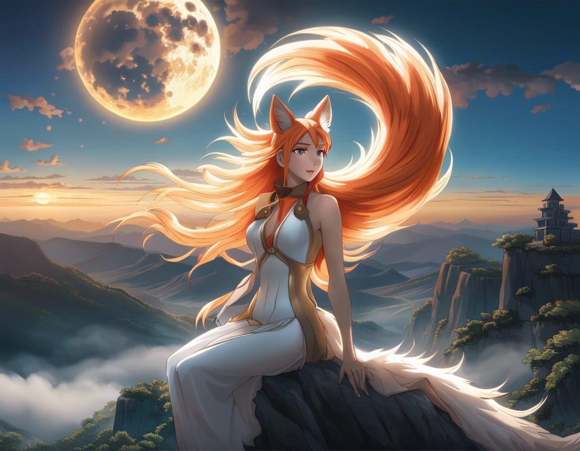 Anime Kitsune: Aqua Nine-Tailed Fox Hybrid
