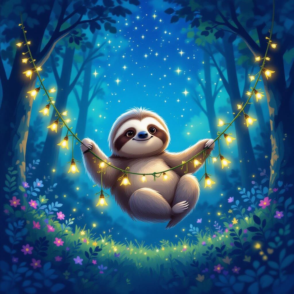 Cute Sloth Swings on Firefly Garland in Enchanted Forest