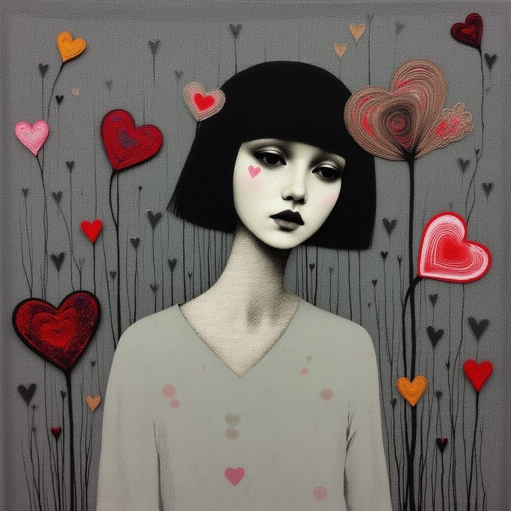 Melancholy Woman Silk Embroidery with French Knots