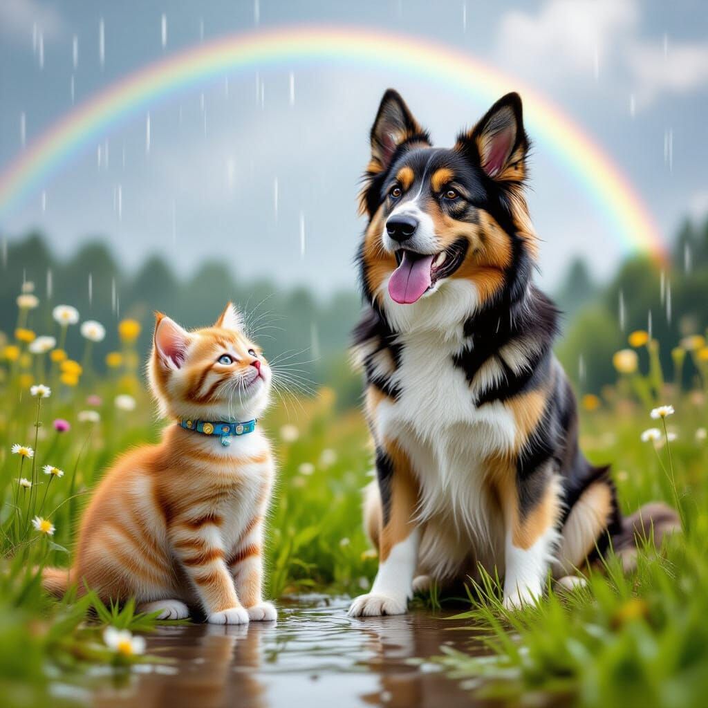 Kitten and Shepherd Enjoying Summer Rain