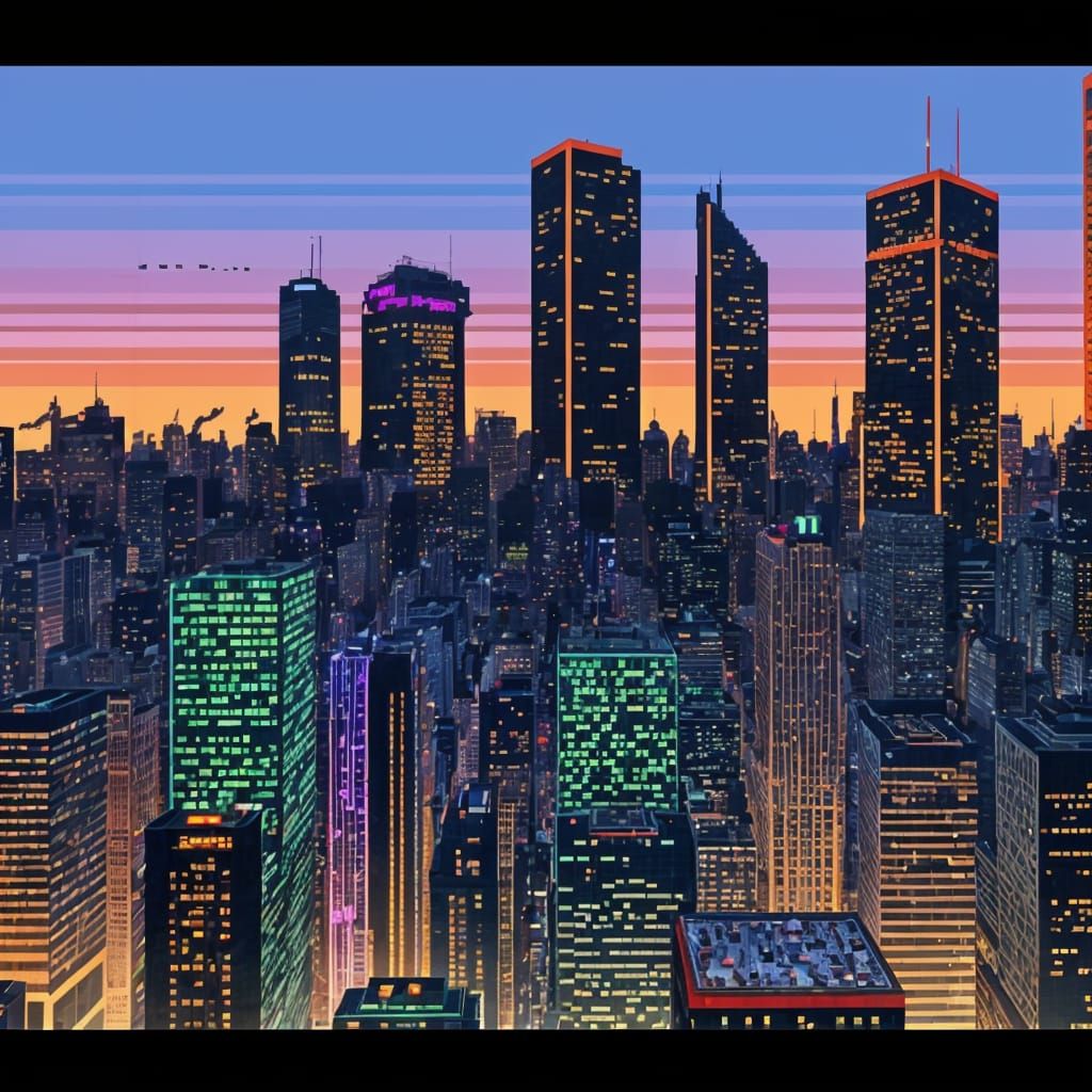 90s The Arcade game Rampage skyline pixelated landscape