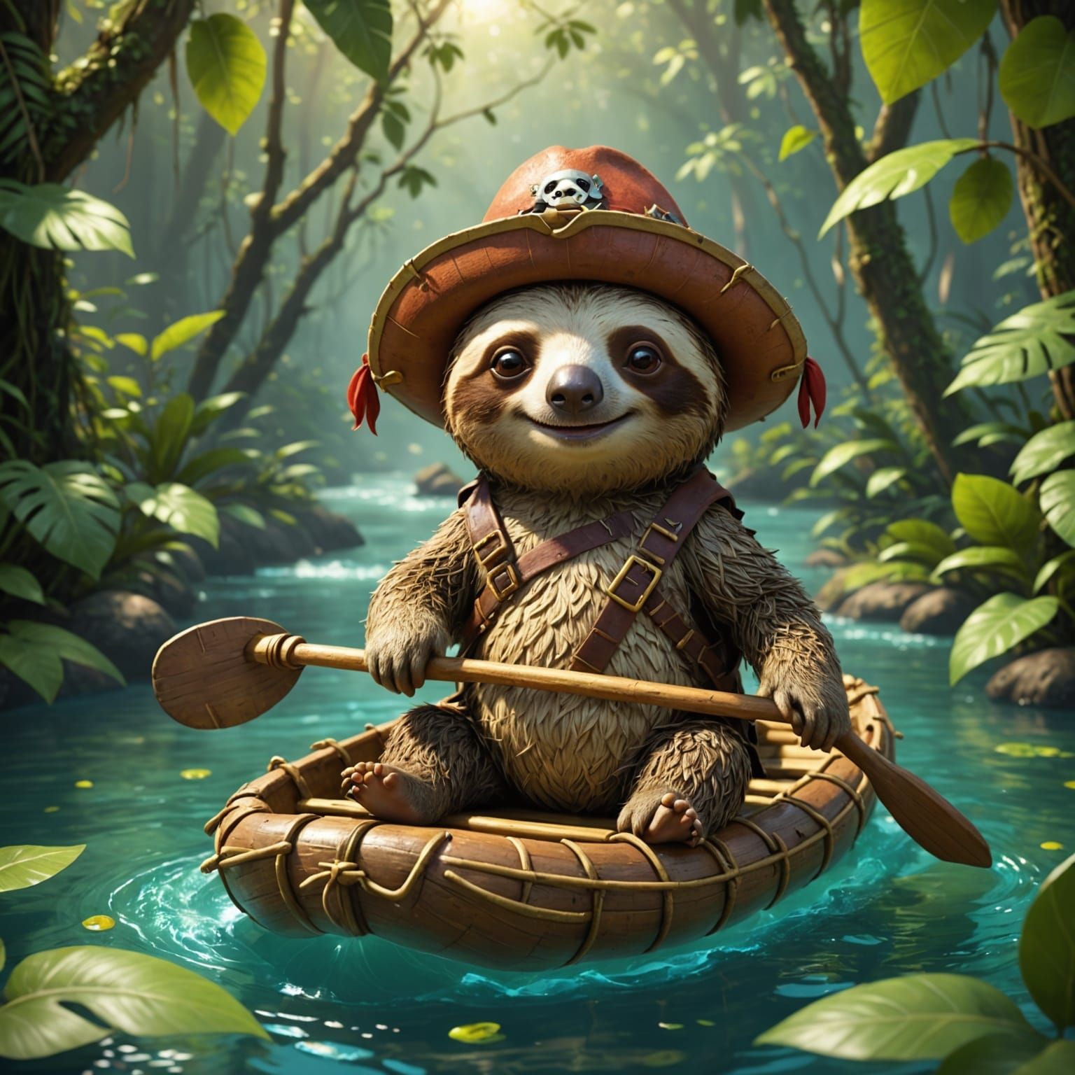 Cute Sloth Pirate Paddles Raft in Pixar Style Animation