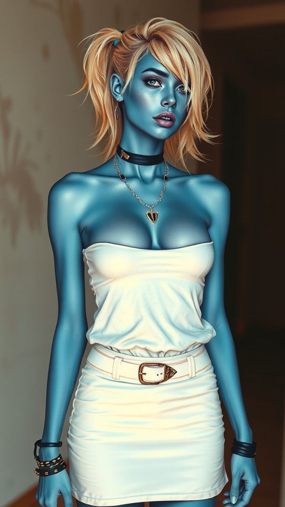 Modern Punk Woman with Blonde Hair and Blue Skin