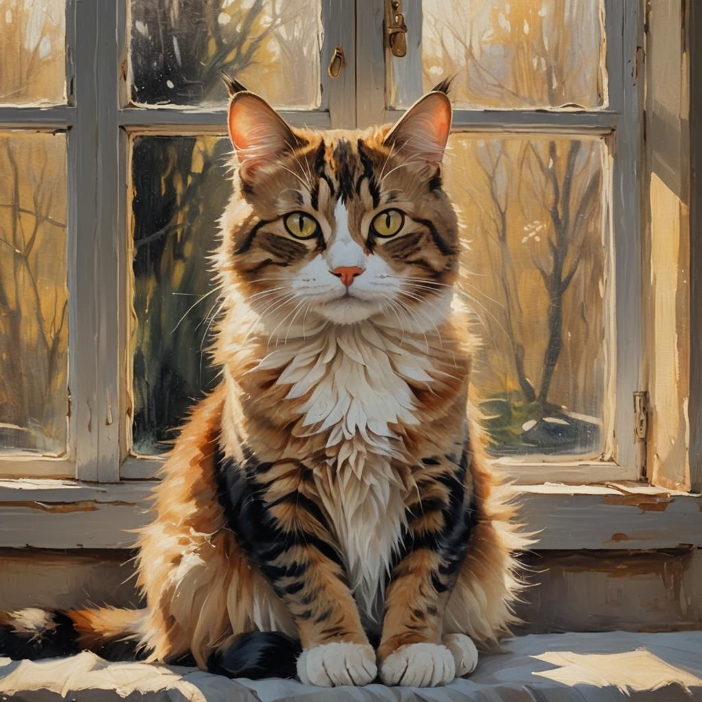 Impressionistic Oil Painting of a Cat in Window