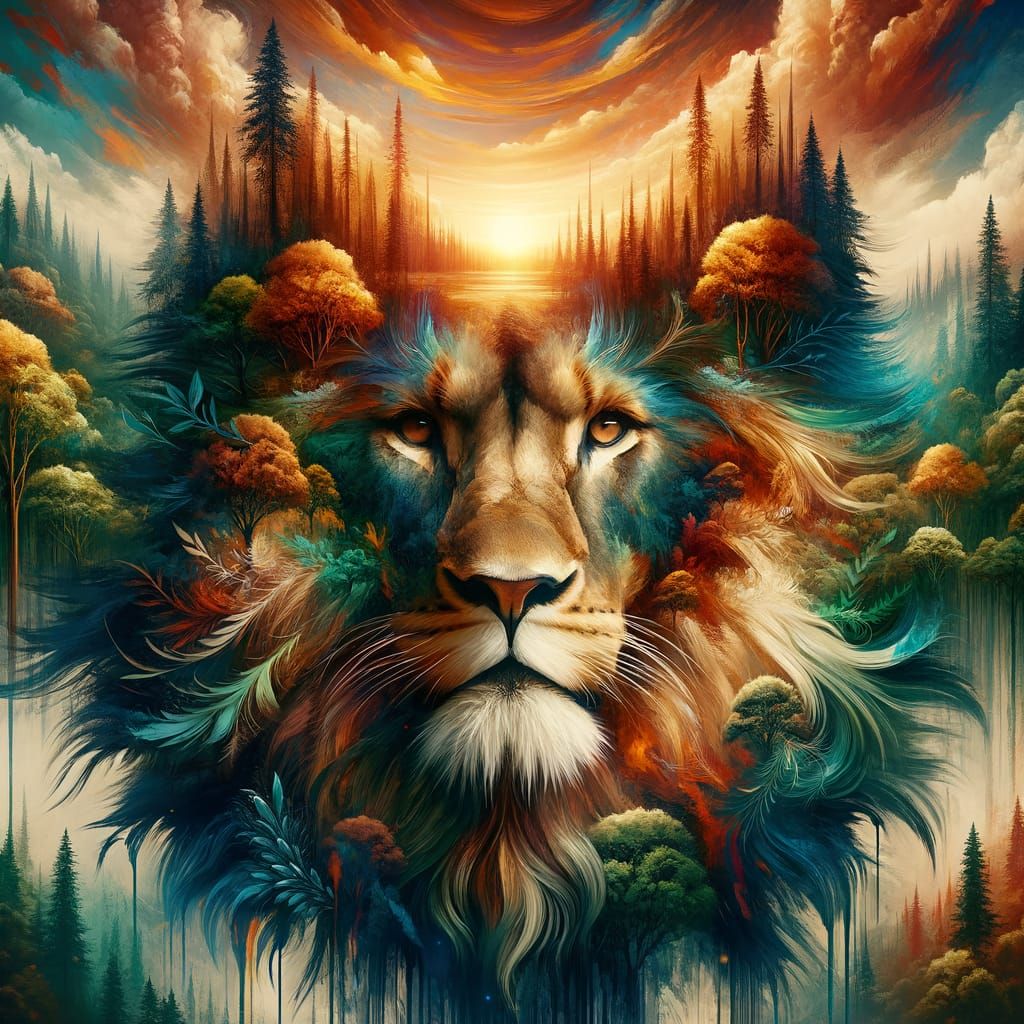 Regal Lion Masterpiece in Vibrant Forest Landscape