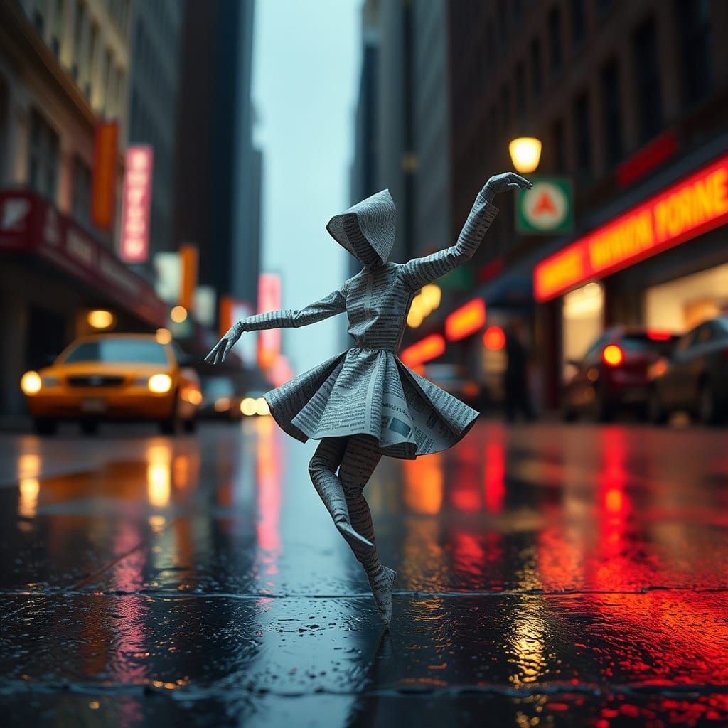 Newspaper Origami Dancer in Rainy New York Street