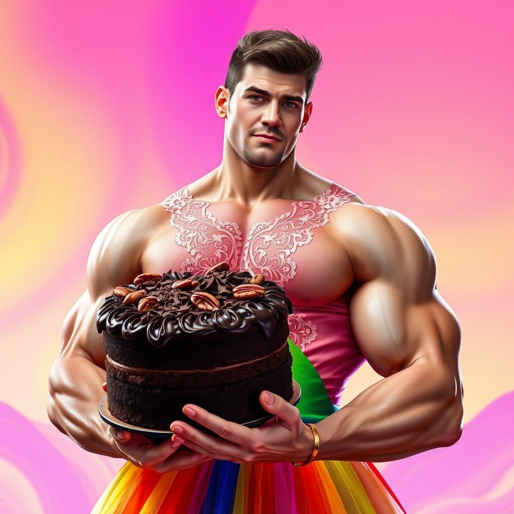 Muscular Model Cradles German Chocolate Cake in Rainbow Dres...