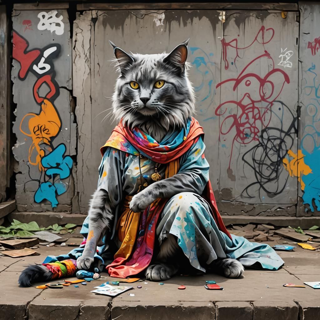 Nebelung Cat and Toga Woman in Graffiti Art