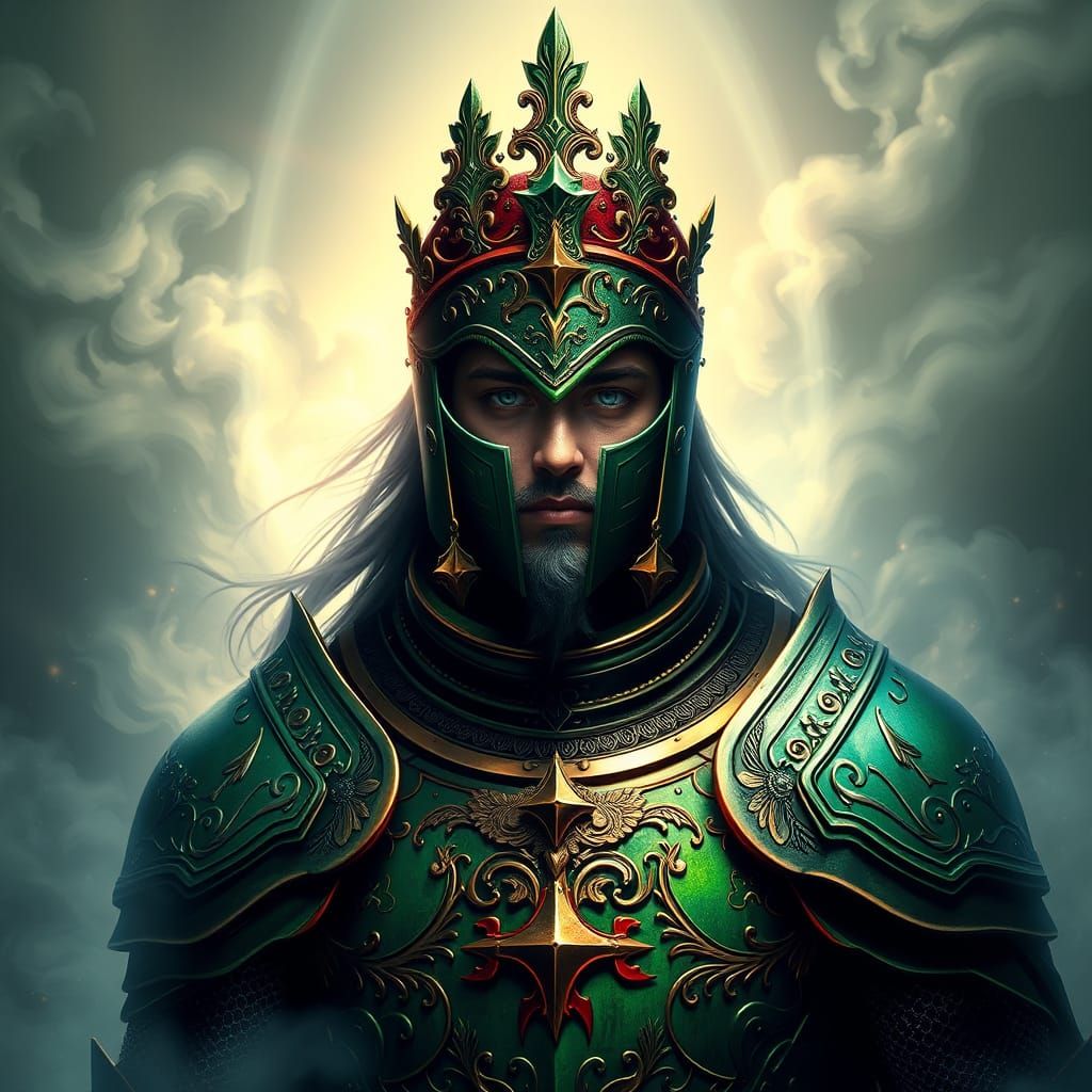 Regal Knight in Emerald Armor Amidst Misty Battleground