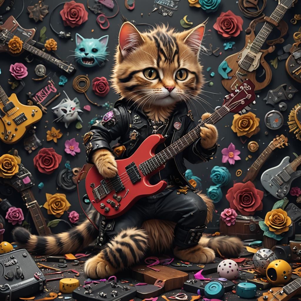 Sweet Cat Plays Punk Guitar, Detailed Digital Painting