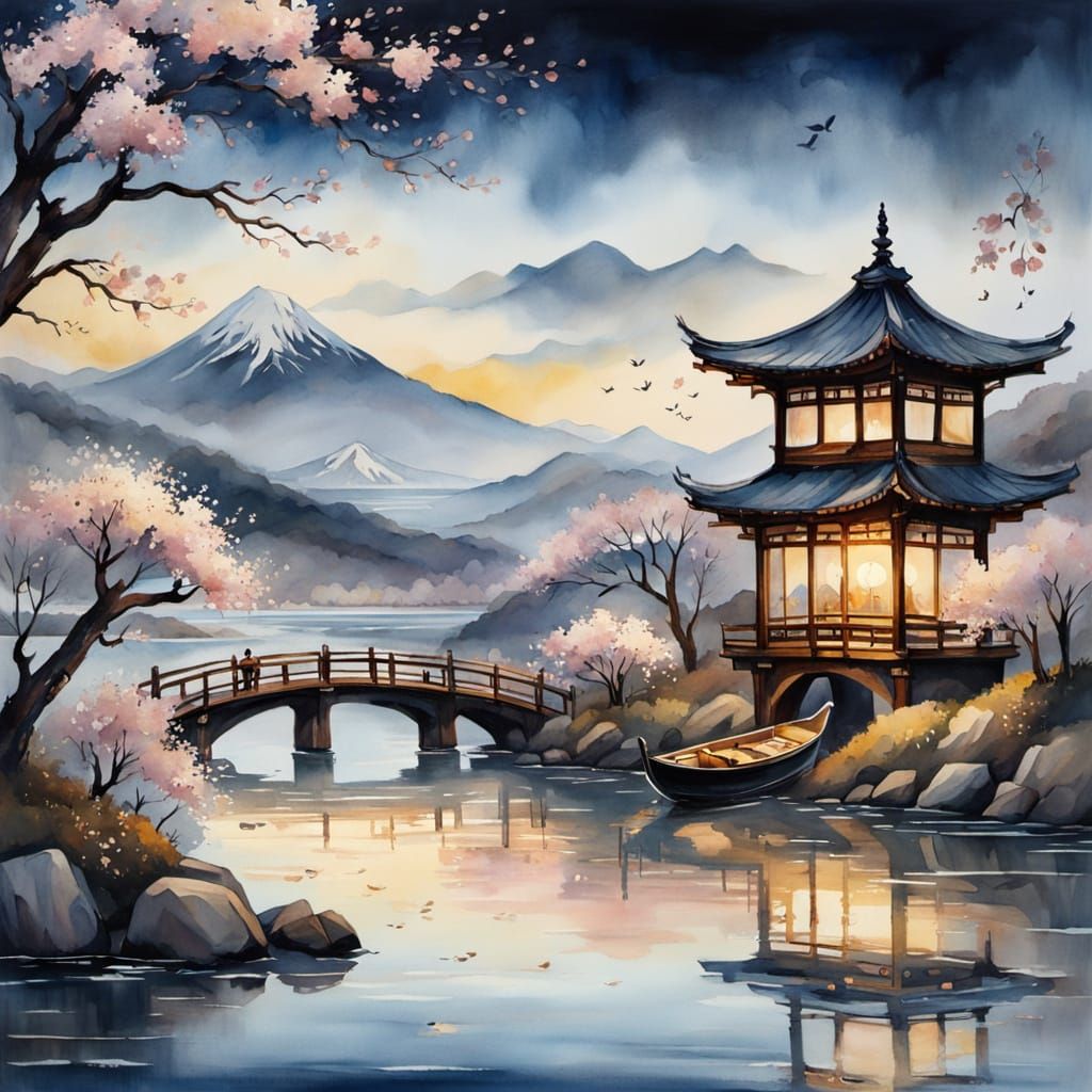 Luminous Watercolour Dusk Over Cherry Blossom River