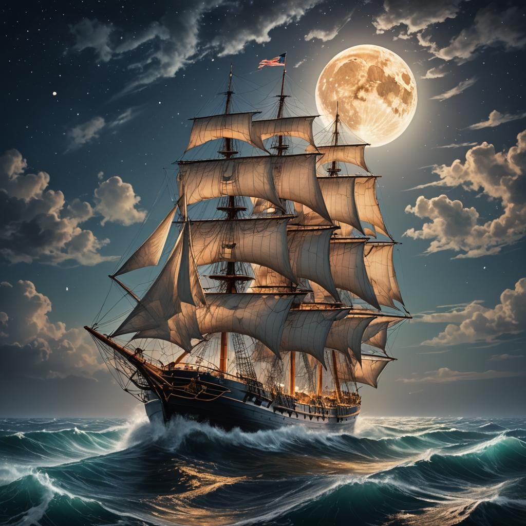 Brigg Tall Ship at Night: Hyperrealistic Splash Art