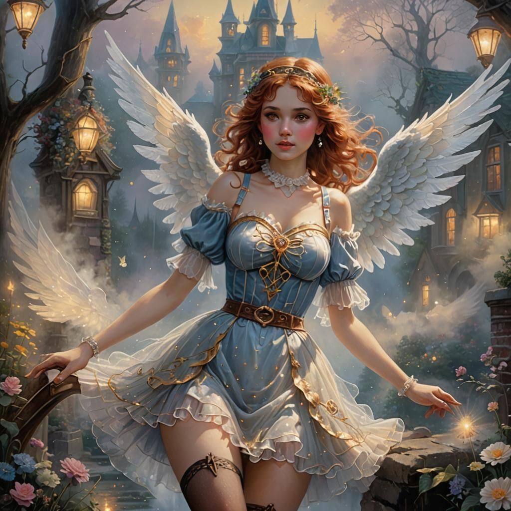 Ethereal Woman with Angel Wings in Fantasy Style