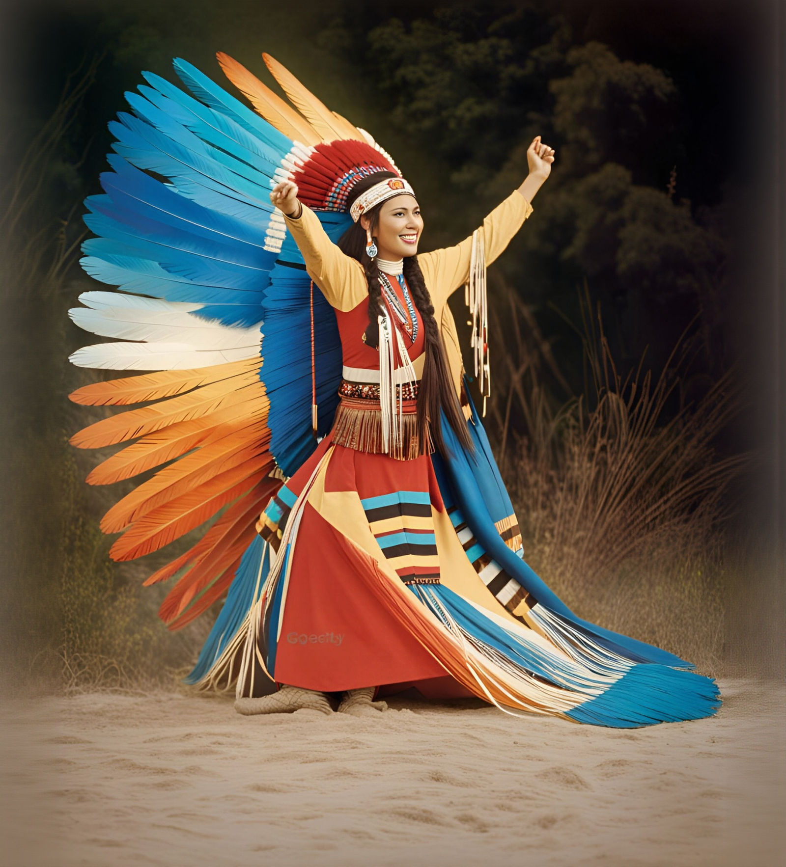 Native American Woman Dancing in Colorized Photo