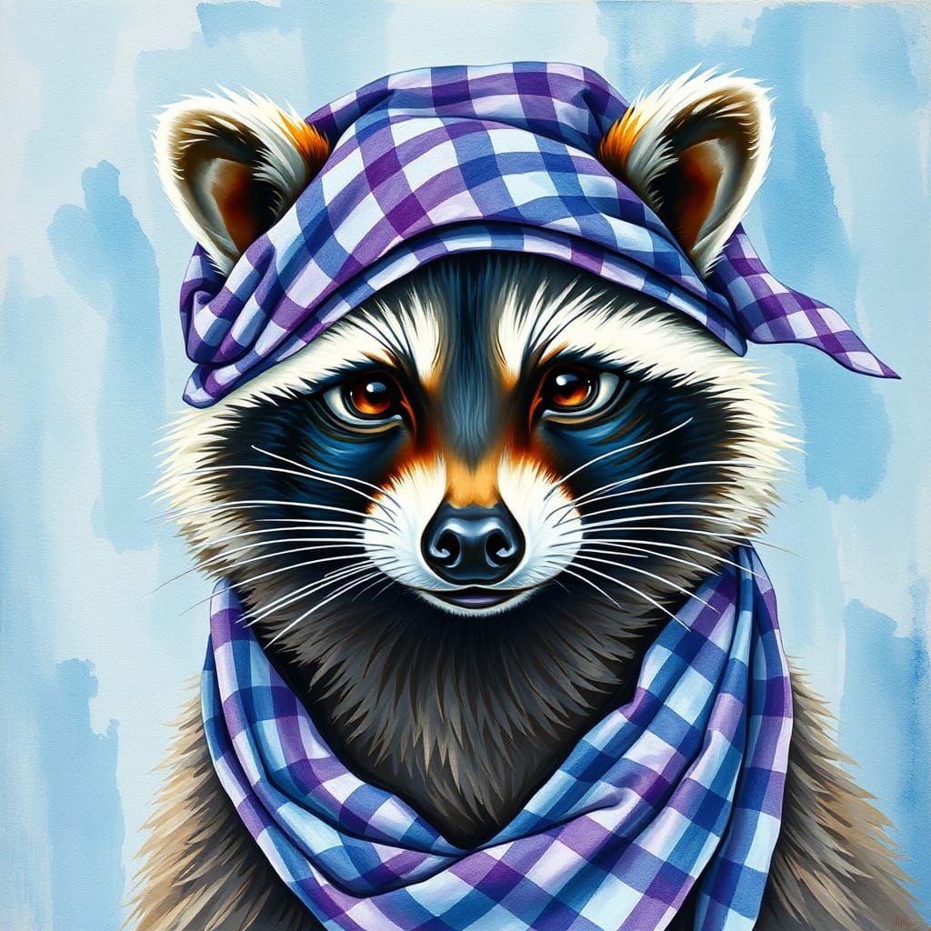 Raccoon in Whimsical Gingham Head Rag
