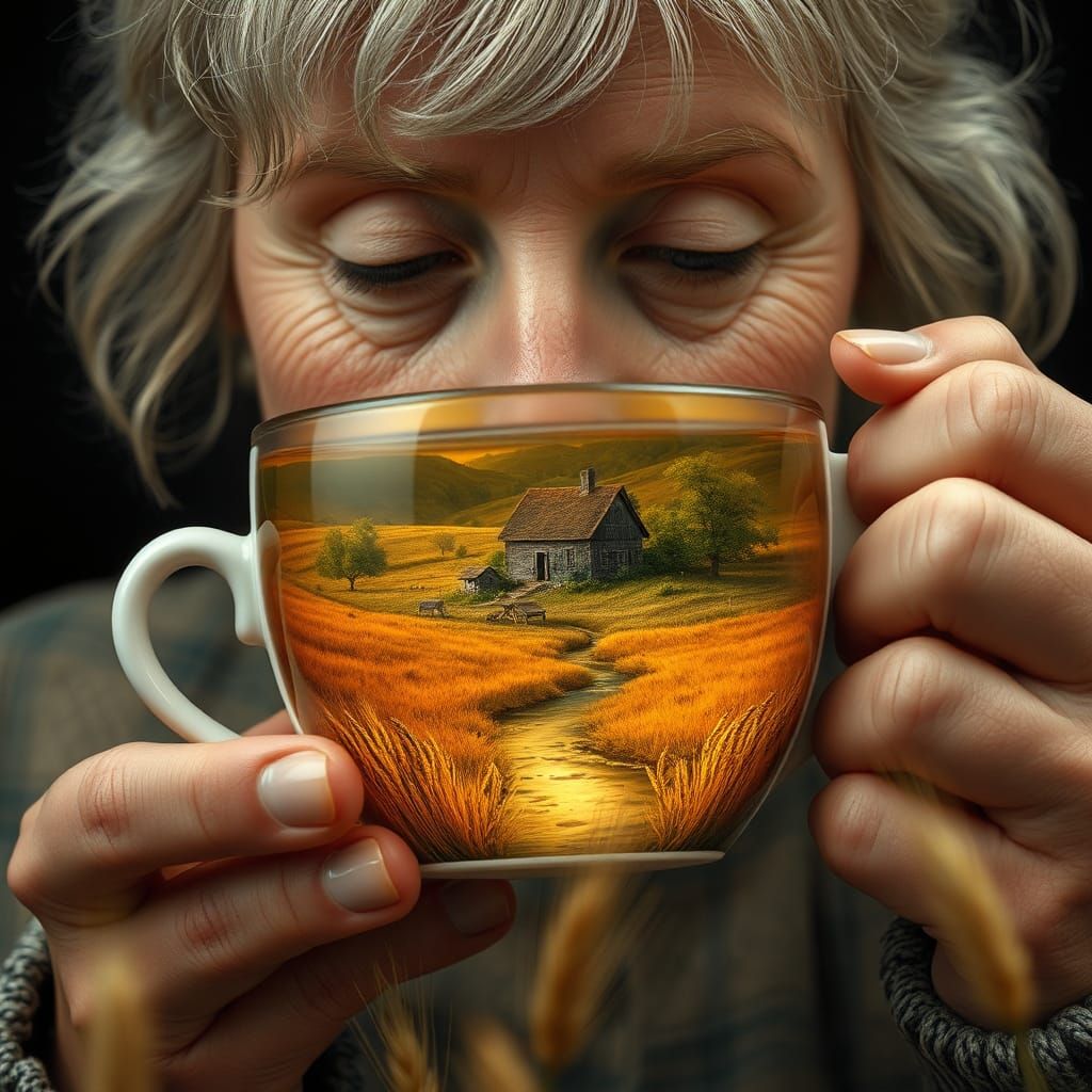 Older Woman's Teacup World: Photorealistic Digital Art