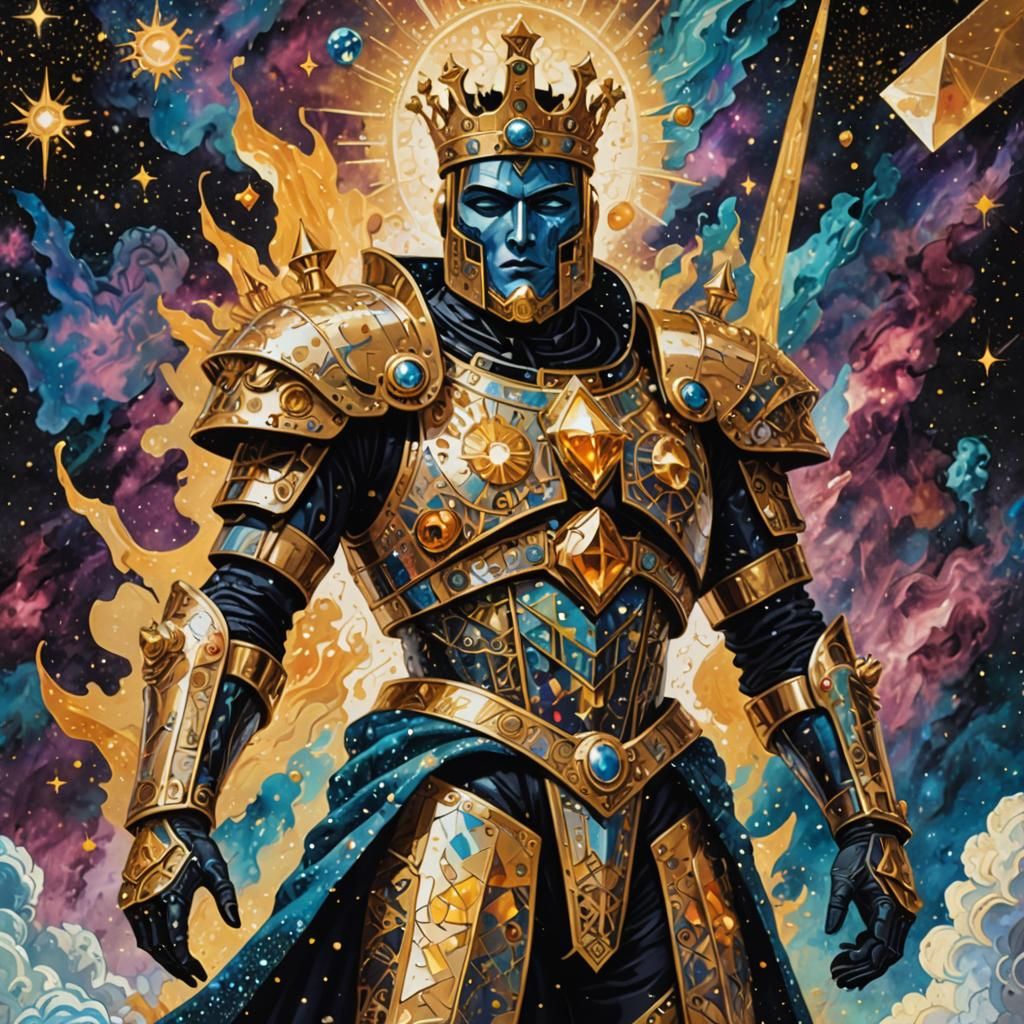 Futuristic Cubist King Tarot Card in Space