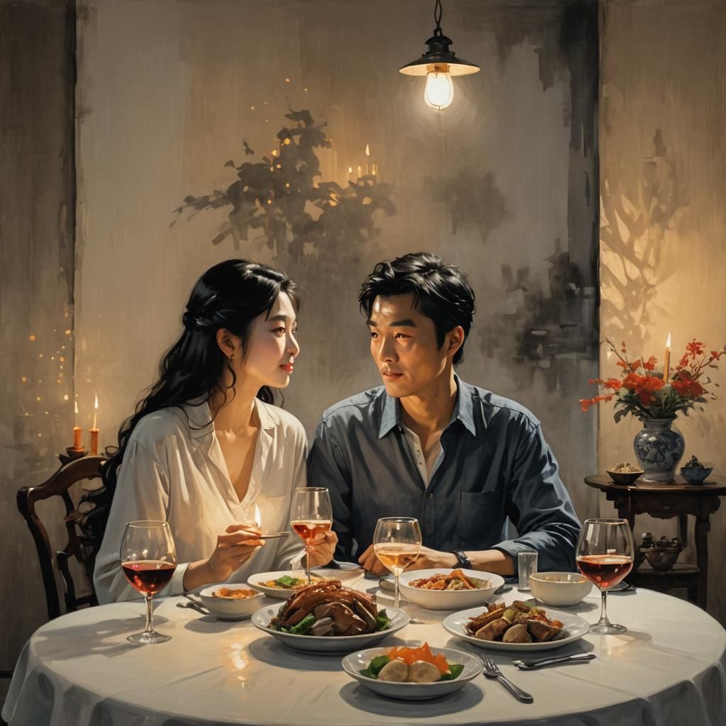 Romantic Dinner by Huang Guangjian, Candlelight Portrait