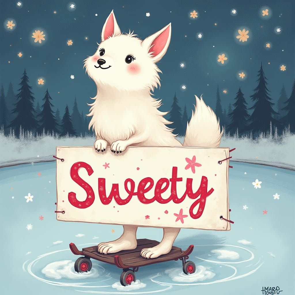 Loup Blanc with Vibrant Sweety Sign in Pastel Hues