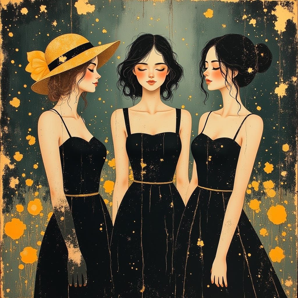 Three Women in Elegant Little Black Dresses at a Vintage Gar...