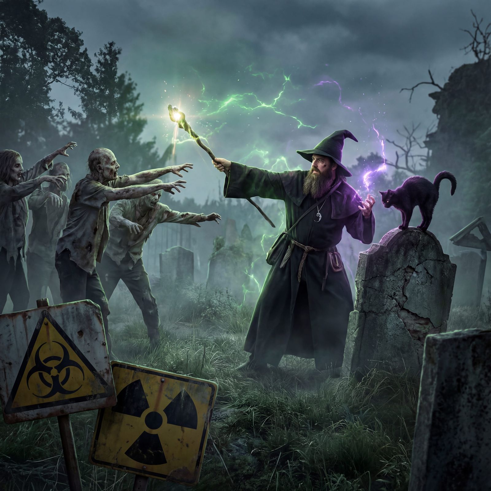 Wizard Battles Zombie Horde with Cat Companion