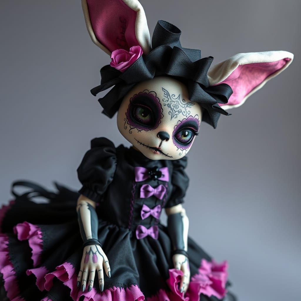 Gothic Sugar Skull Bunny Doll in Surreal Style