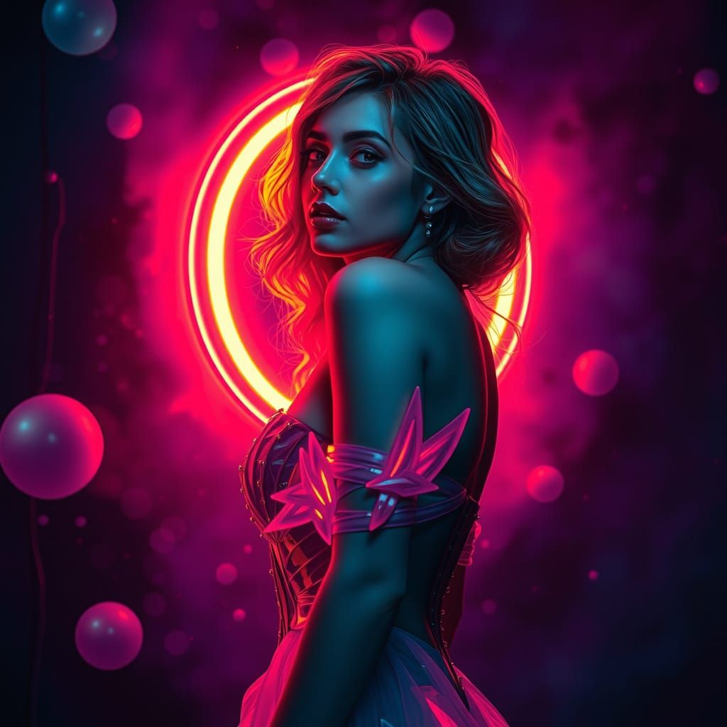 Radiant Woman Emerges from Darkness in Neon-Hued Masterpiece