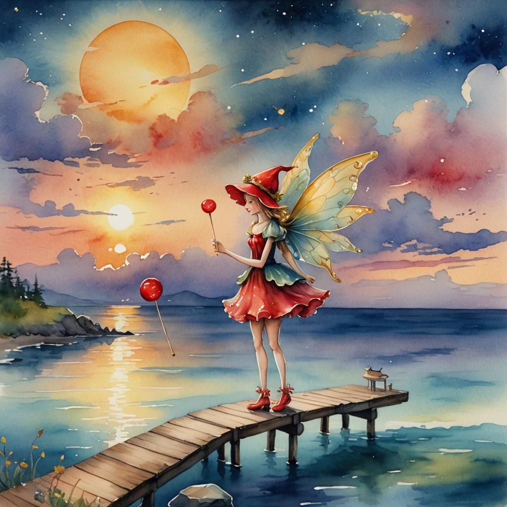 Whimsical Fairy by the Sea in Watercolor