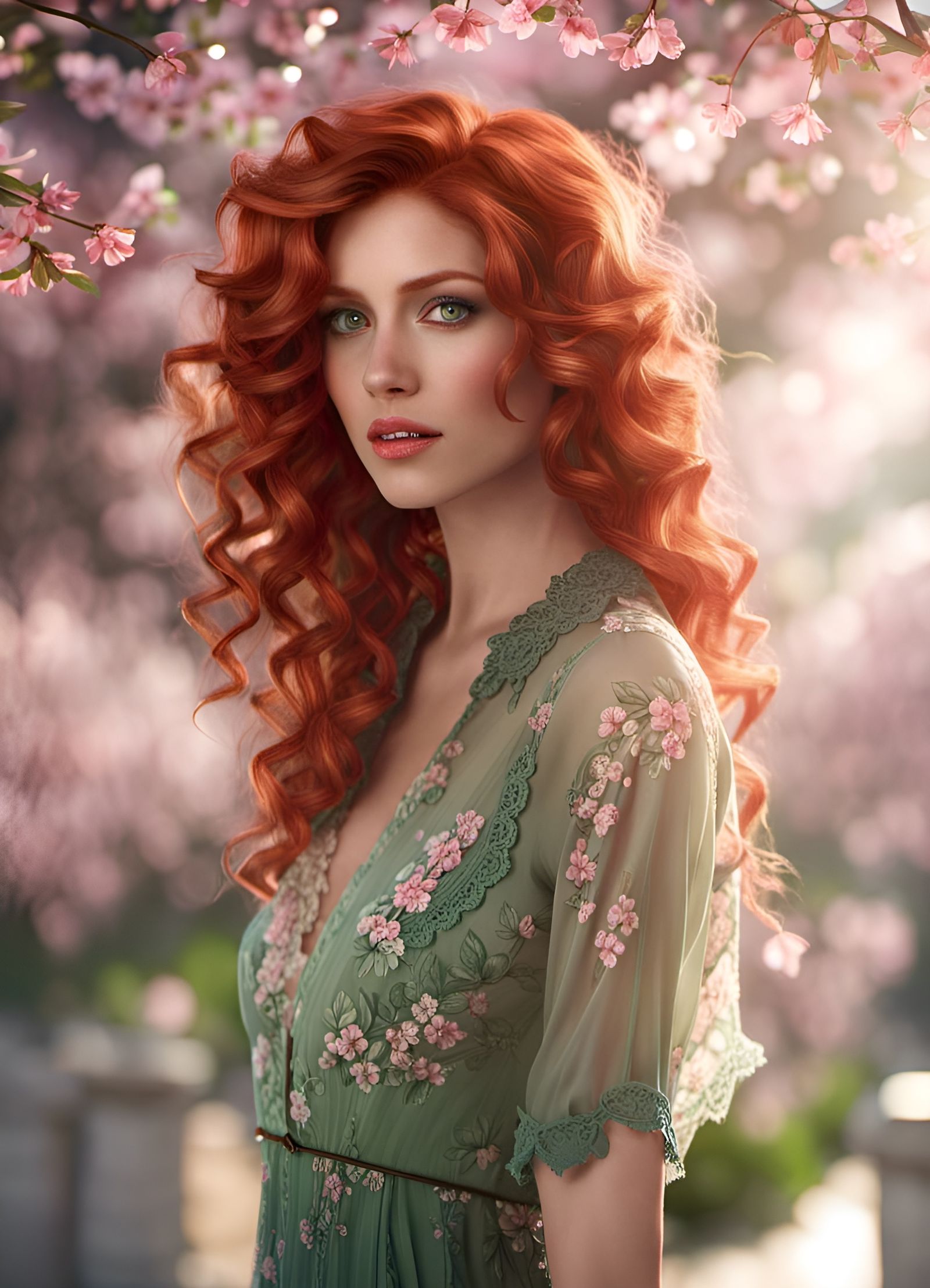 Red-Haired Girl Portrait with Cherry Blossoms