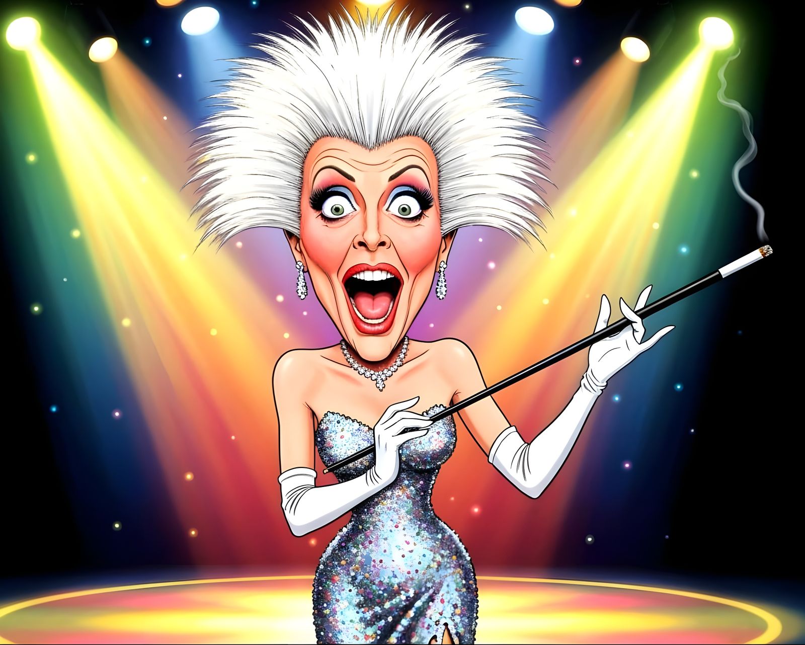 Phyllis Diller Caricature in Iconic Comedy Pose