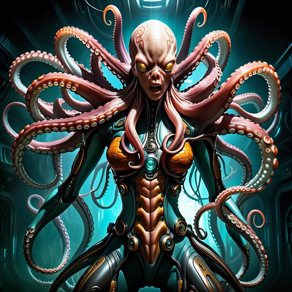 Biomechanical Octopus Captures Woman in Sci-Fi Art